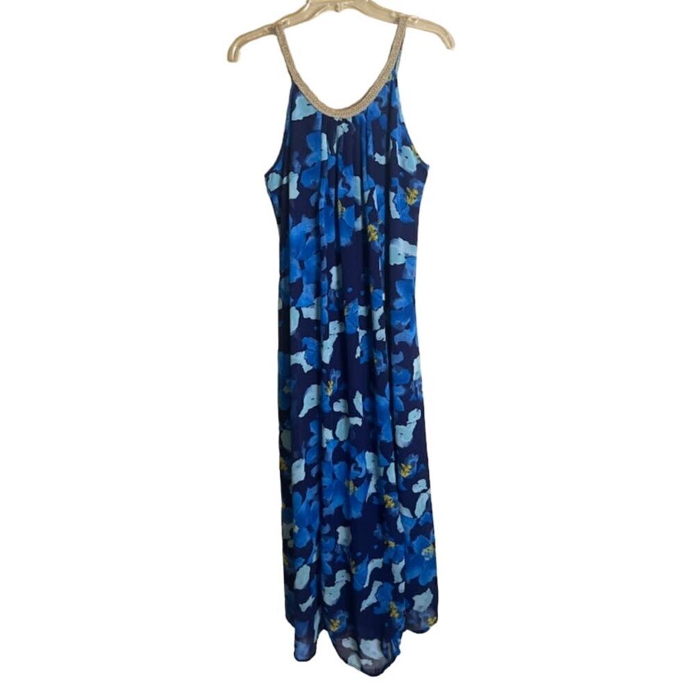 Charming Charlie Blue Floral Gold Braid Halter‎ Neckline Maxi Dress Size Medium